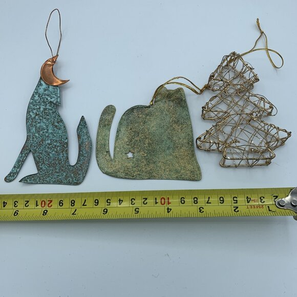 Set of 3 Rustic Metal Ornaments - Green Cat, Copper Moon Wolf, Gold Wire Tree - Picture 8 of 9